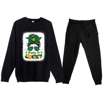 Happy Go Lucky Messy Bun Shamrock St Patrick's Day Gift Premium Crewneck Sweatsuit Set