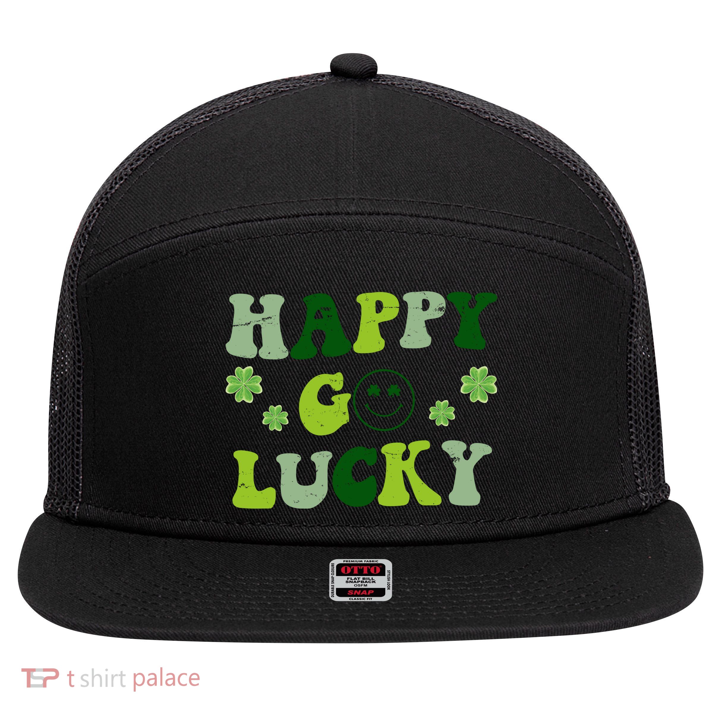 Happy Go Lucky Retro Hippie St Patrick's Day 7 Panel Mesh Trucker Snapback Hat