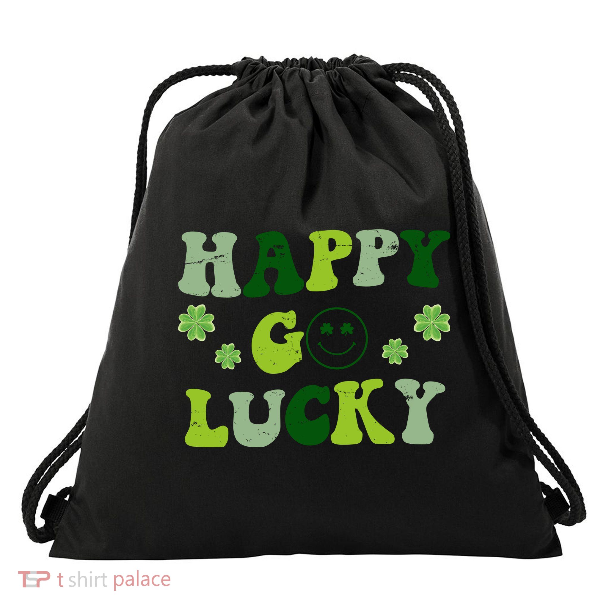 Happy Go Lucky Retro Hippie St Patrick's Day Drawstring Bag