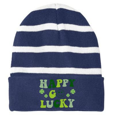 Happy Go Lucky Retro Hippie St Patrick's Day Striped Beanie with Solid Band