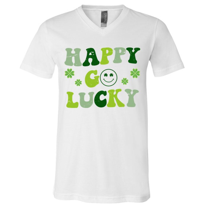 Happy Go Lucky Retro Hippie St Patrick's Day V-Neck T-Shirt