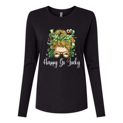 Happy Go Lucky Women Shamrock Messy Bun St. Patrick's Day Womens Cotton Relaxed Long Sleeve T-Shirt