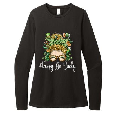 Happy Go Lucky Women Shamrock Messy Bun St. Patrick's Day Womens CVC Long Sleeve Shirt