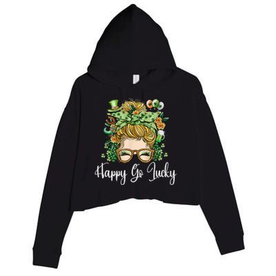 Happy Go Lucky Women Shamrock Messy Bun St. Patrick's Day Crop Fleece Hoodie