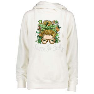 Happy Go Lucky Women Shamrock Messy Bun St. Patrick's Day Womens Funnel Neck Pullover Hood