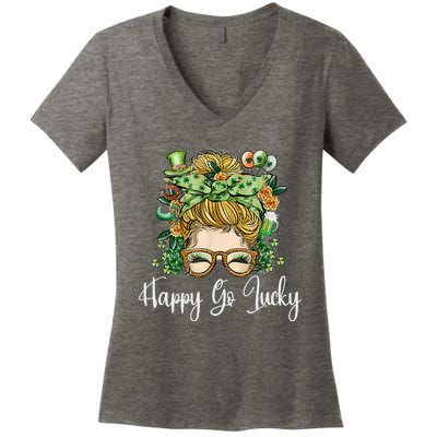 Happy Go Lucky Women Shamrock Messy Bun St. Patrick's Day Women's V-Neck T-Shirt