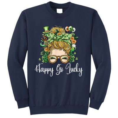 Happy Go Lucky Women Shamrock Messy Bun St. Patrick's Day Sweatshirt