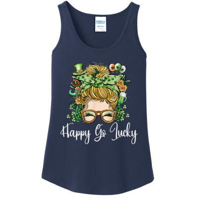 Happy Go Lucky Women Shamrock Messy Bun St. Patrick's Day Ladies Essential Tank