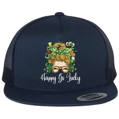 Happy Go Lucky Women Shamrock Messy Bun St. Patrick's Day Flat Bill Trucker Hat