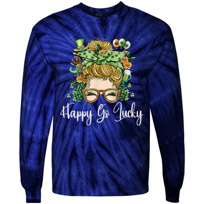 Happy Go Lucky Women Shamrock Messy Bun St. Patrick's Day Tie-Dye Long Sleeve Shirt