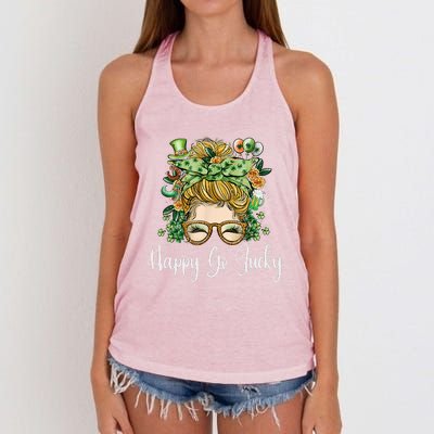 Happy Go Lucky Women Shamrock Messy Bun St. Patrick's Day Women's Knotted Racerback Tank