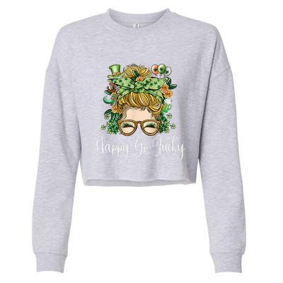 Happy Go Lucky Women Shamrock Messy Bun St. Patrick's Day Cropped Pullover Crew