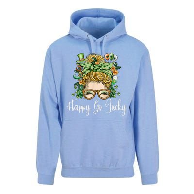 Happy Go Lucky Women Shamrock Messy Bun St. Patrick's Day Unisex Surf Hoodie