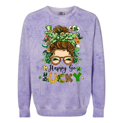 Happy Go Lucky Messy Bun Shamrock St Patrick's Day Gift Colorblast Crewneck Sweatshirt