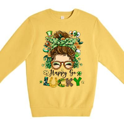 Happy Go Lucky Messy Bun Shamrock St Patrick's Day Gift Premium Crewneck Sweatshirt