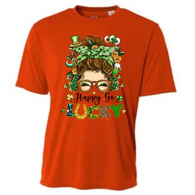 Happy Go Lucky Messy Bun Shamrock St Patrick's Day Gift Cooling Performance Crew T-Shirt