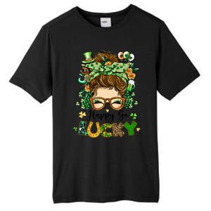 Happy Go Lucky Messy Bun Shamrock St Patrick's Day Gift Tall Fusion ChromaSoft Performance T-Shirt