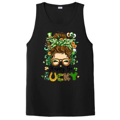 Happy Go Lucky Messy Bun Shamrock St Patrick's Day Gift PosiCharge Competitor Tank