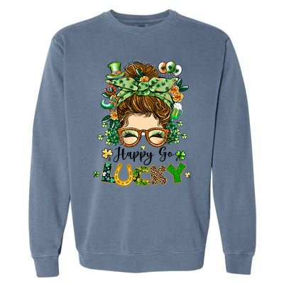 Happy Go Lucky Messy Bun Shamrock St Patrick's Day Gift Garment-Dyed Sweatshirt