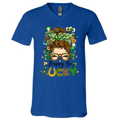 Happy Go Lucky Messy Bun Shamrock St Patrick's Day Gift V-Neck T-Shirt