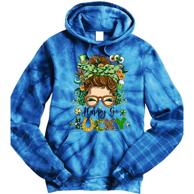 Happy Go Lucky Messy Bun Shamrock St Patrick's Day Gift Tie Dye Hoodie