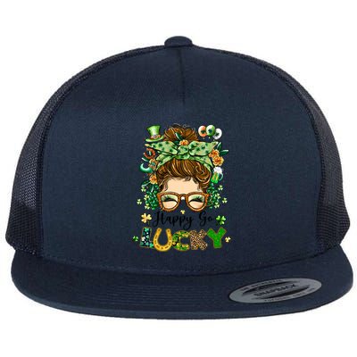 Happy Go Lucky Messy Bun Shamrock St Patrick's Day Gift Flat Bill Trucker Hat