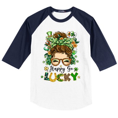 Happy Go Lucky Messy Bun Shamrock St Patrick's Day Gift Baseball Sleeve Shirt