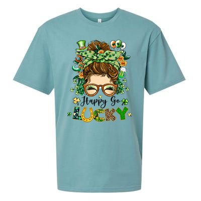 Happy Go Lucky Messy Bun Shamrock St Patrick's Day Gift Sueded Cloud Jersey T-Shirt