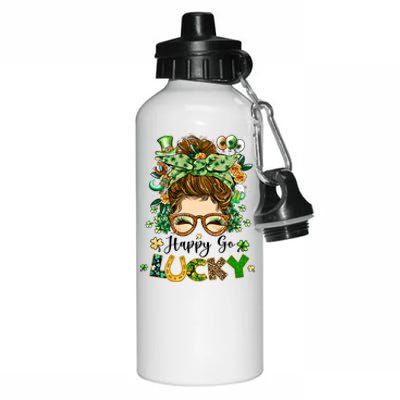 Happy Go Lucky Messy Bun Shamrock St Patrick's Day Gift Aluminum Water Bottle 