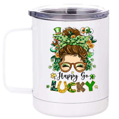 Happy Go Lucky Messy Bun Shamrock St Patrick's Day Gift 12 oz Stainless Steel Tumbler Cup