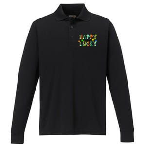 Happy Go Lucky Retro St Patrick's Day Shamrock Meaningful Gift Performance Long Sleeve Polo