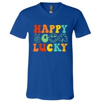 Happy Go Lucky Retro St Patrick's Day Shamrock Vintage Gift V-Neck T-Shirt