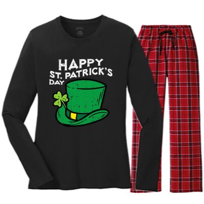 Happy Go Lucky St Patricks Day Leprechaun Hat Women's Long Sleeve Flannel Pajama Set 