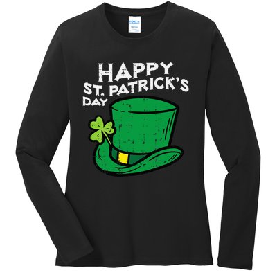 Happy Go Lucky St Patricks Day Leprechaun Hat Ladies Long Sleeve Shirt