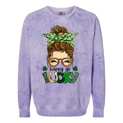 Happy Go Lucky Shamrock Messy Bun St Patrick's Day Gift Colorblast Crewneck Sweatshirt