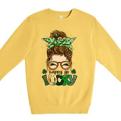 Happy Go Lucky Shamrock Messy Bun St Patrick's Day Gift Premium Crewneck Sweatshirt