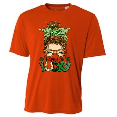 Happy Go Lucky Shamrock Messy Bun St Patrick's Day Gift Cooling Performance Crew T-Shirt