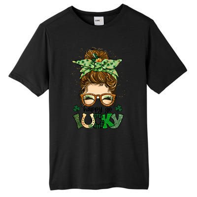 Happy Go Lucky Shamrock Messy Bun St Patrick's Day Gift Tall Fusion ChromaSoft Performance T-Shirt