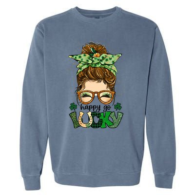 Happy Go Lucky Shamrock Messy Bun St Patrick's Day Gift Garment-Dyed Sweatshirt