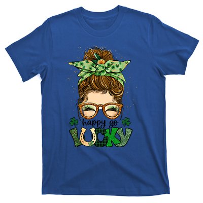 Happy Go Lucky Shamrock Messy Bun St Patrick's Day Gift T-Shirt