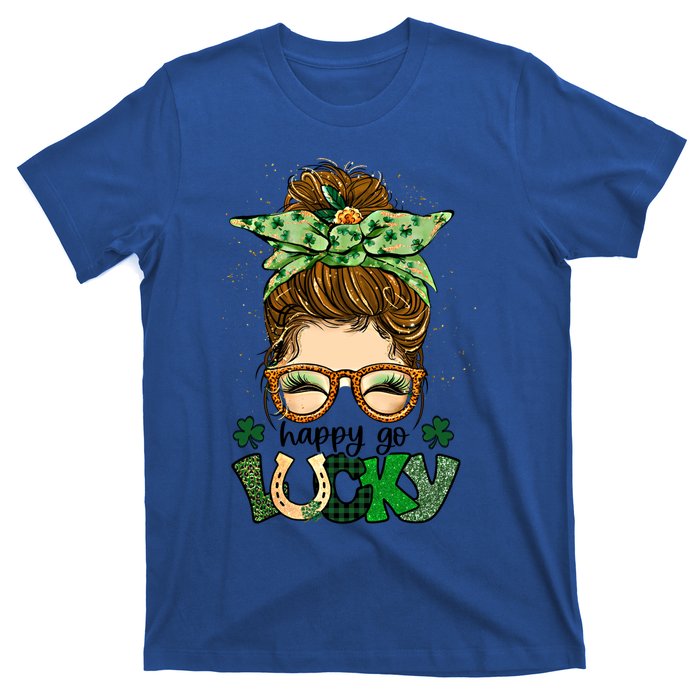 Happy Go Lucky Shamrock Messy Bun St Patrick's Day Gift T-Shirt