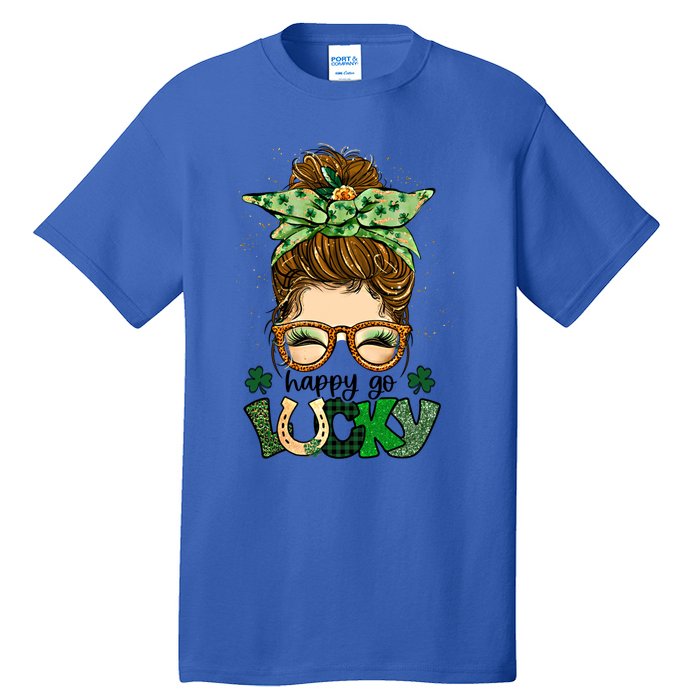 Happy Go Lucky Shamrock Messy Bun St Patrick's Day Gift Tall T-Shirt