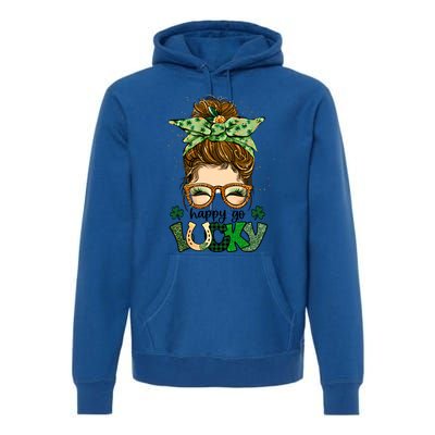 Happy Go Lucky Shamrock Messy Bun St Patrick's Day Gift Premium Hoodie