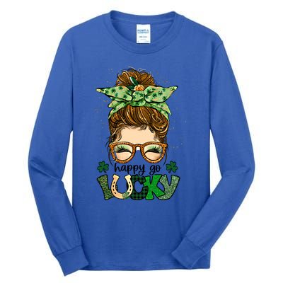 Happy Go Lucky Shamrock Messy Bun St Patrick's Day Gift Tall Long Sleeve T-Shirt