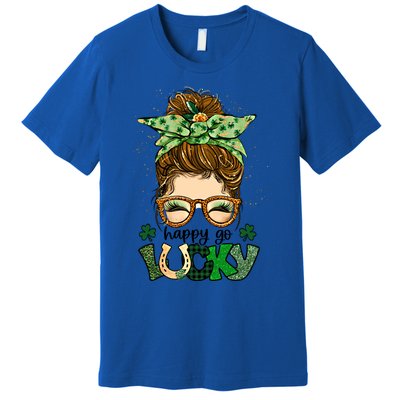 Happy Go Lucky Shamrock Messy Bun St Patrick's Day Gift Premium T-Shirt