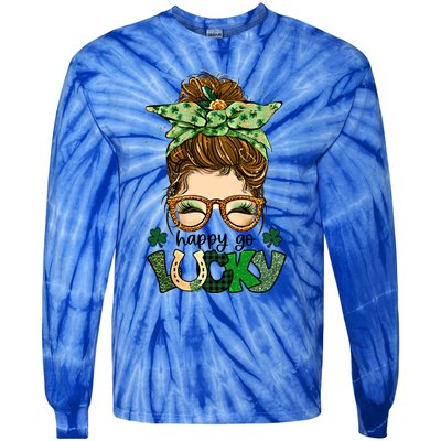 Happy Go Lucky Shamrock Messy Bun St Patrick's Day Gift Tie-Dye Long Sleeve Shirt