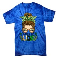 Happy Go Lucky Shamrock Messy Bun St Patrick's Day Gift Tie-Dye T-Shirt