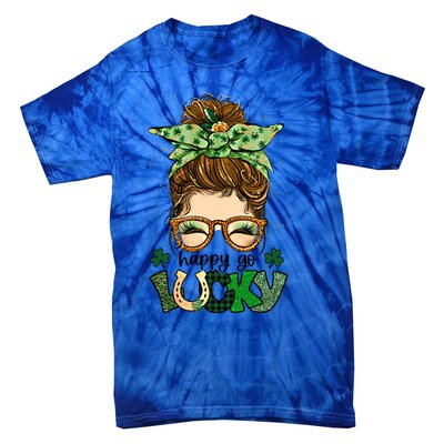 Happy Go Lucky Shamrock Messy Bun St Patrick's Day Gift Tie-Dye T-Shirt