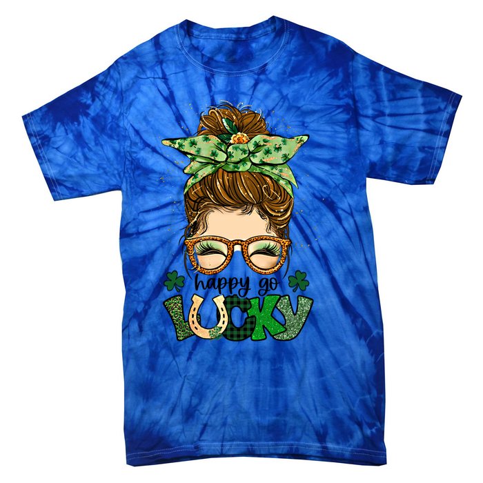 Happy Go Lucky Shamrock Messy Bun St Patrick's Day Gift Tie-Dye T-Shirt