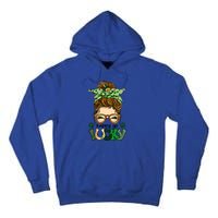 Happy Go Lucky Shamrock Messy Bun St Patrick's Day Gift Tall Hoodie